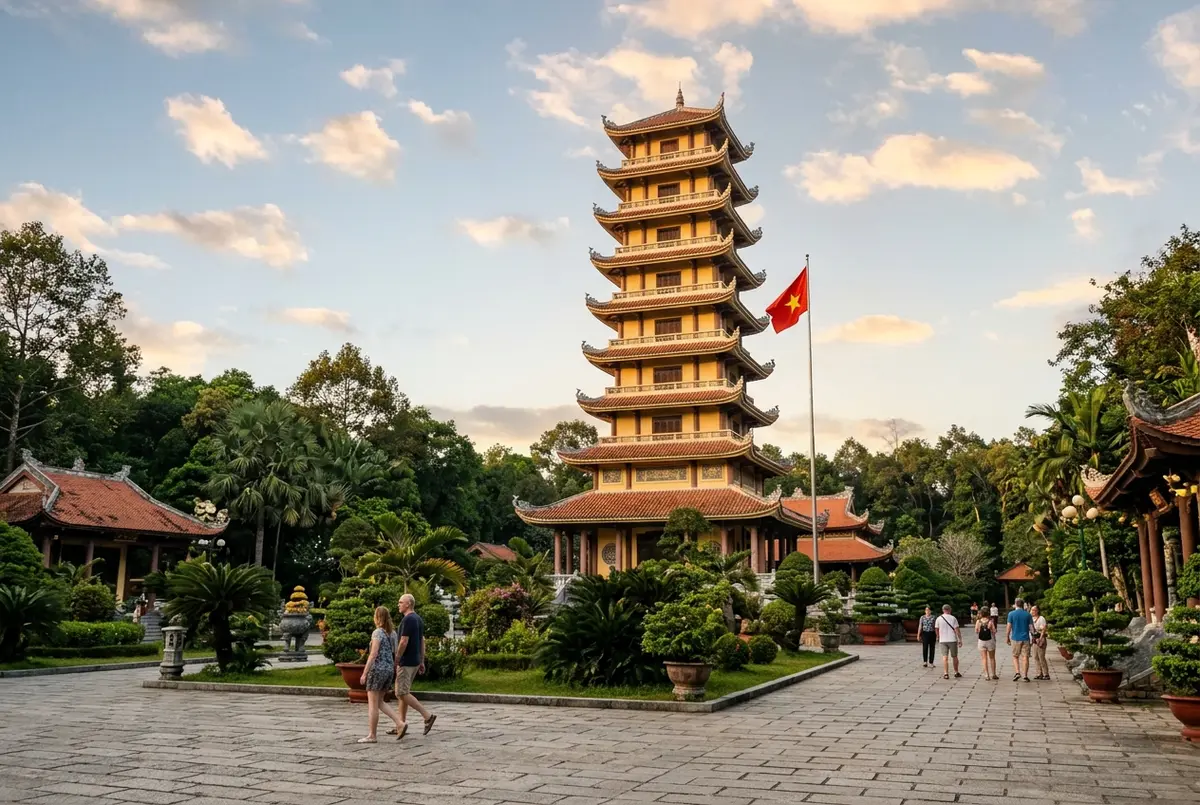 Torre memoriale di ben duoc a nove piani che si innalza sopra giardini tranquilli vicino ai tunnel di Cu Chi, pochi visitatori che camminano nel cortile pavimentato, luce morbida del tardo pomeriggio