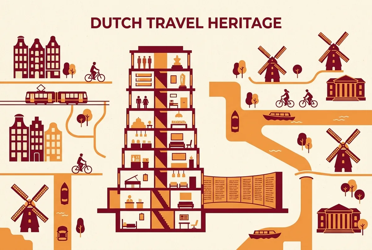 Infografica semplice che mostra una sezione trasversale etichettata della torre memoriale di ben duoc a nove piani accanto a un breve tratto del muro memoriale inciso, stile a icone piatte, solo etichette generiche, nessun numero o statistica