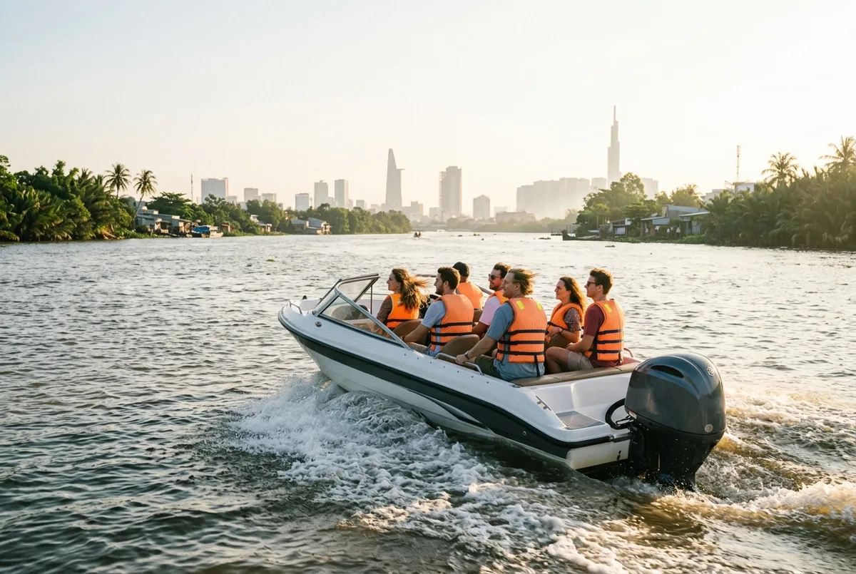 Speedboot vaart bij zonsopgang over de Saigon-rivier op weg naar de Cu Chi Tunnels, passagiers in reddingsvesten genieten van het uitzicht