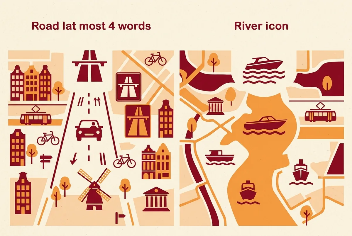 Kaart-infographic van de Saigon-rivier route van Ho Chi Minh Stad naar Cu Chi met een boot-icoon, generieke plaatsnaamlabels vergeleken met de wegroute