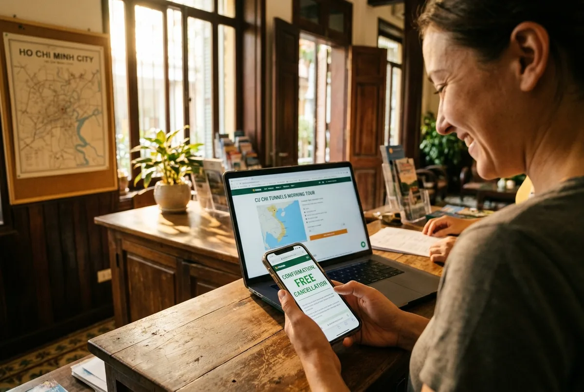 Voyageur souriant devant un message de confirmation d'annulation gratuite sur son telephone au bureau d'un hotel de Ho Chi Minh-Ville, reservation d'excursion tunnels cu chi visible sur un ordinateur portable en arriere plan, lumiere rassurante du matin