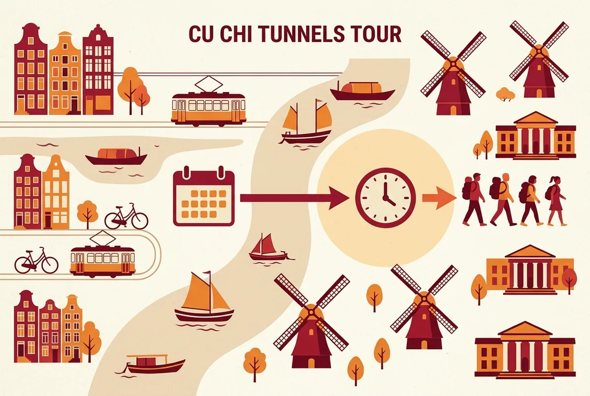 Infographie simple montrant une icone calendrier et horloge marquant une fenetre d'annulation gratuite de 24 heures avant le depart d'une excursion tunnels cu chi, style plat, etiquettes generiques uniquement, aucun chiffre