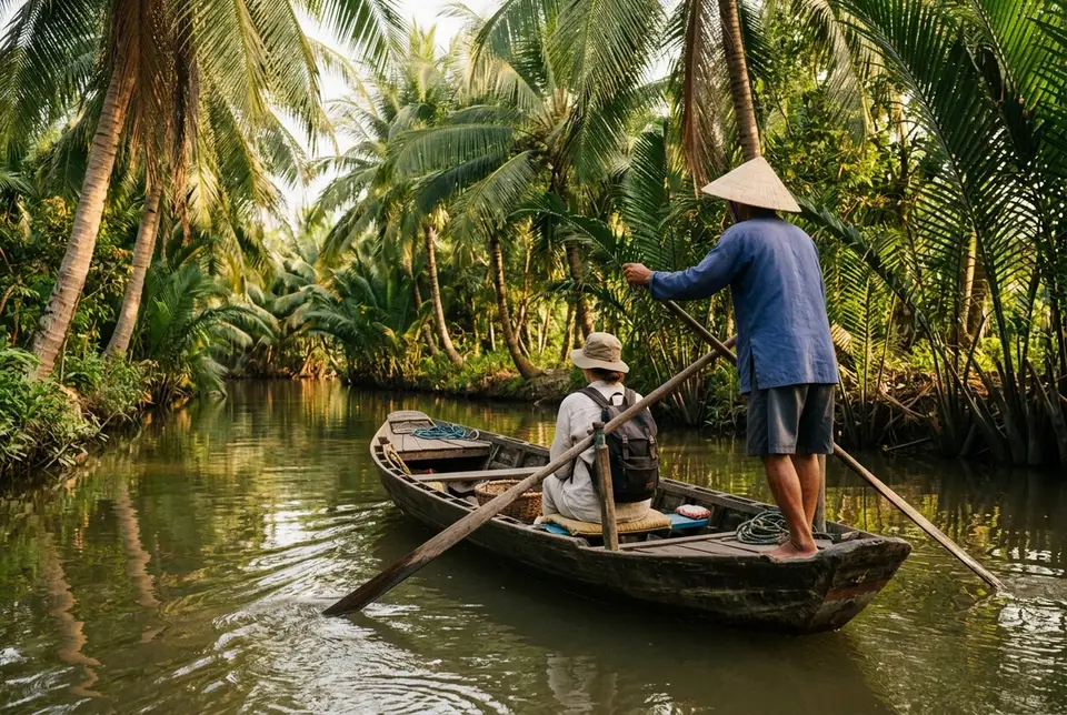 Voyageur a bord d'un sampan mene a la rame dans un canal borde de cocotiers du delta du Mekong apres un tunnels cu chi delta du mekong combine, lumiere doree d'apres-midi, guide local ramant