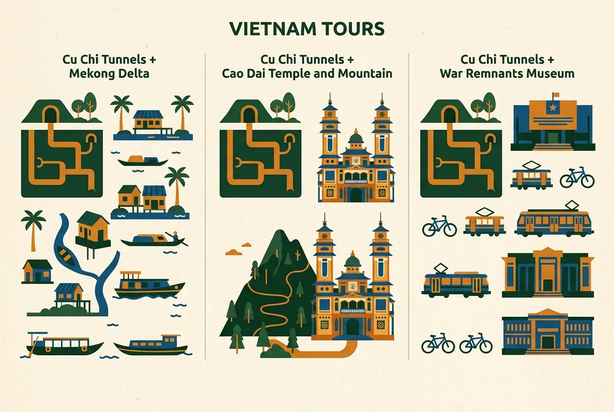 Infographie simple comparant trois associations combinees tunnels de Cu Chi etiquetees balade en bateau delta du Mekong, temple Cao Dai et montagne, et musee des vestiges de guerre, style icone plat, etiquettes generiques uniquement, aucun chiffre ni statistique
