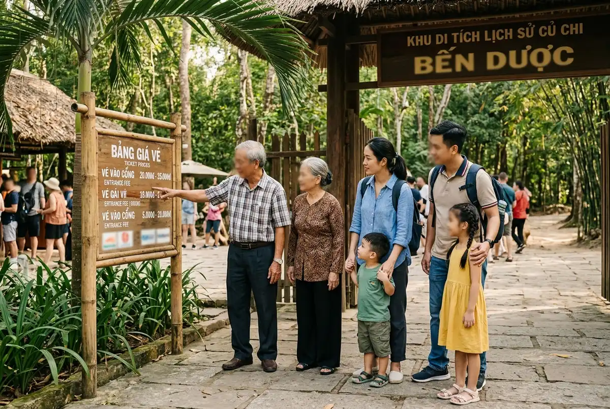 Gezin met jonge kinderen en grootouders bekijkt een cu chi tunnels korting prijsbord bij de toegangspoort, warm ochtendlicht, spontaan vriendelijk moment