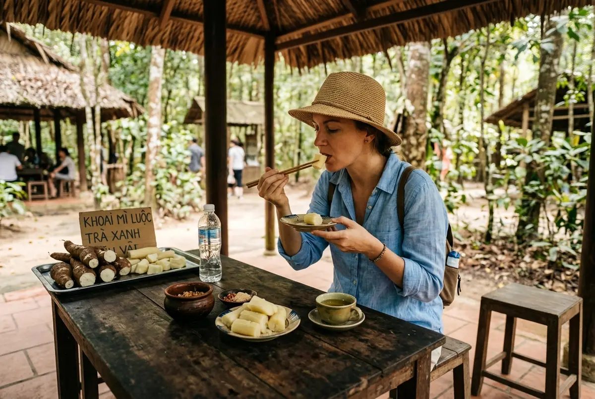 Voyageur degustant du manioc bouilli et du the a une table d'aire de repos ombragee pres des tunnels de Cu Chi pour illustrer nourriture tunnels cu chi, presentation de l'aliment traditionnel de la guerre, lumiere chaude de midi