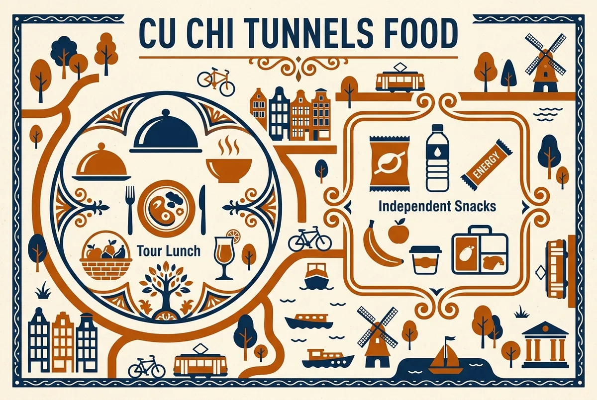 Infographie simple style icone plat comparant ce qu'inclut un dejeuner d'excursion combinee aux tunnels de Cu Chi face aux collations a emporter pour une visite autonome, theme nourriture tunnels cu chi, icones generiques uniquement, aucun prix ni chiffre