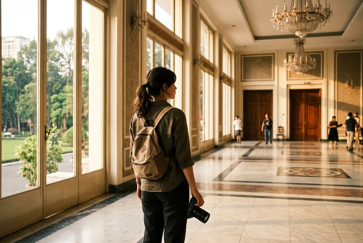 Reisegruppe fotografiert den Unabhängigkeitspalast in Ho-Chi-Minh-Stadt am Nachmittag nach dem Besuch der Cu Chi Tunnel, klarer blauer Himmel, cu chi tunnel ganztagestour Highlight