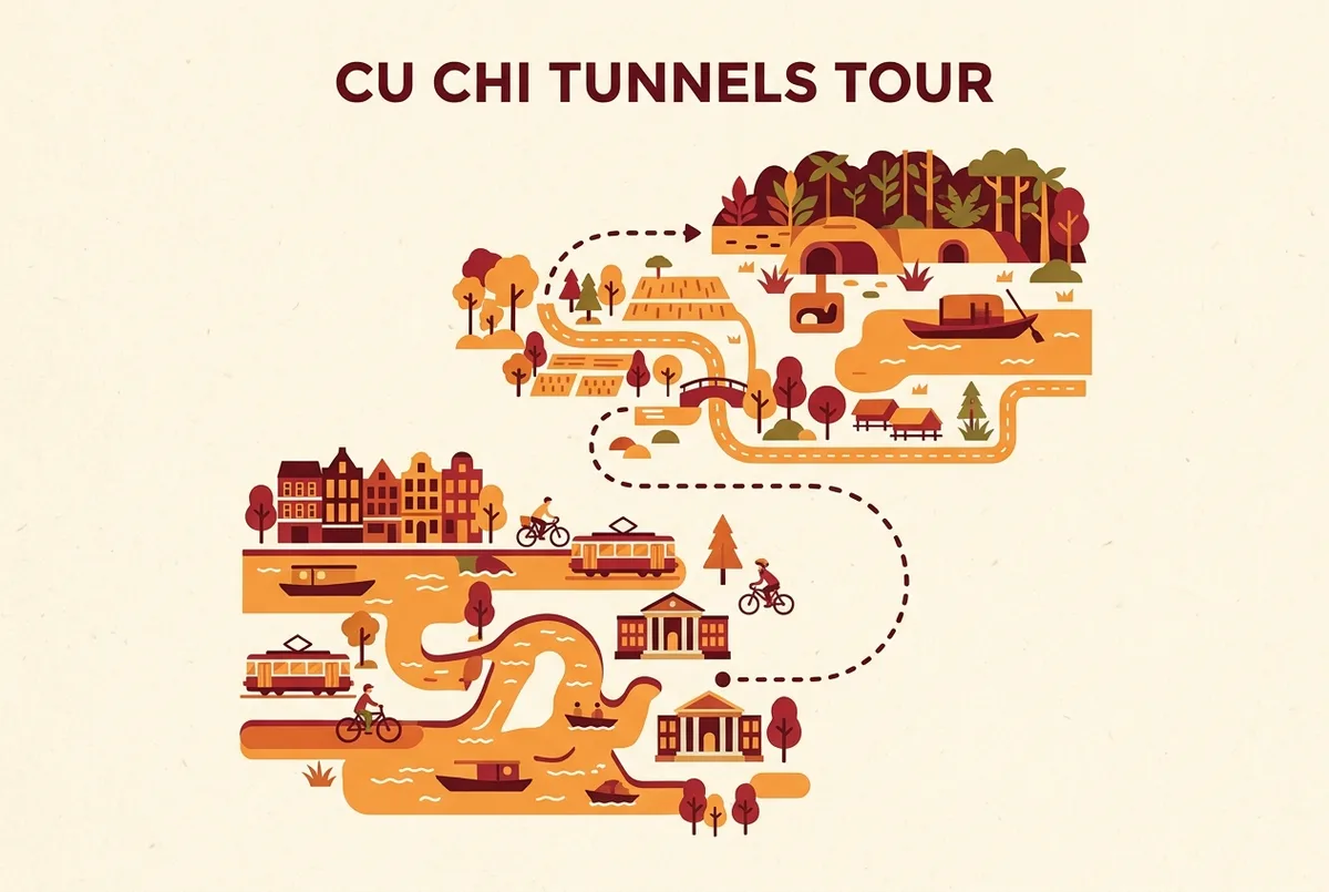 Zeitstrahl-Infografik mit Vormittag links beschriftet Cu Chi Tunnel und Nachmittag rechts beschriftet Saigon Stadtrundfahrt, flaches Icon Design mit Palast- und Tunnelsymbol, cu chi tunnel ganztagestour Tagesablauf, keine Zahlen oder Preise
