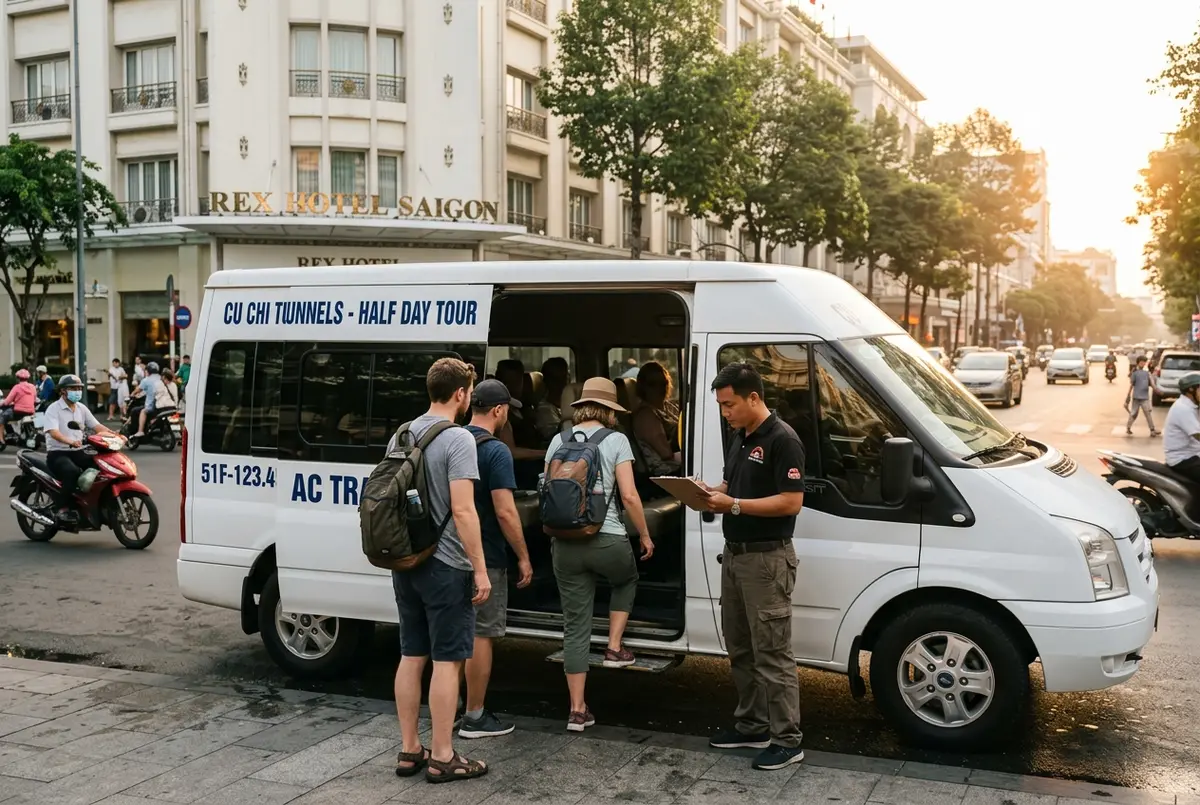Piccolo gruppo turistico che sale su un van climatizzato davanti a un hotel di Ho Chi Minh City all'alba per un tour tunnel Cu Chi di mezza giornata, guida che controlla una lista, luce dorata calda