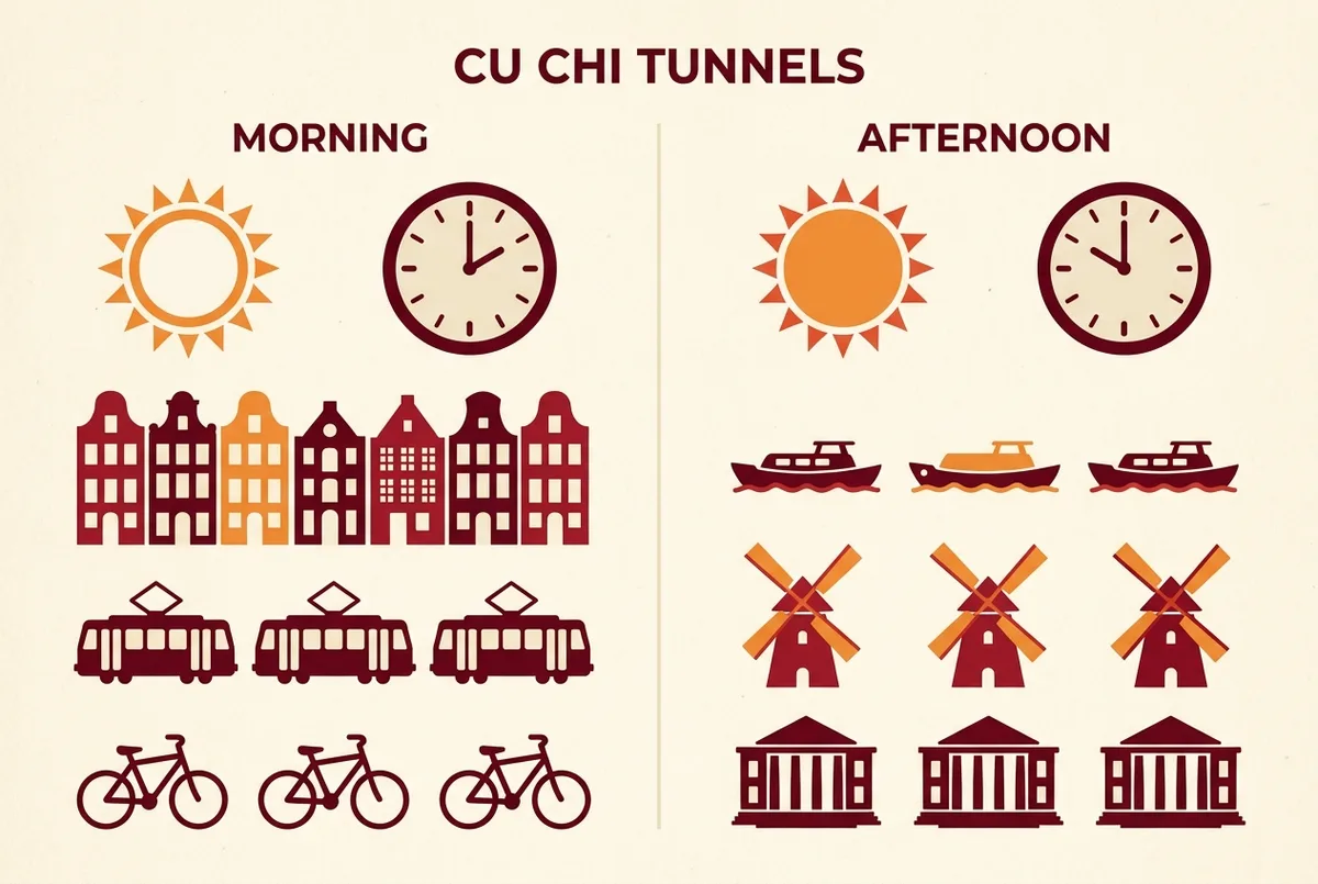 Semplice infografica affiancata che confronta un'icona di sole mattutino e orologio di partenza con un'icona di sole pomeridiano e orologio di partenza per un tour tunnel Cu Chi di mezza giornata, stile a icone piatte, etichette generiche, nessun numero o statistica