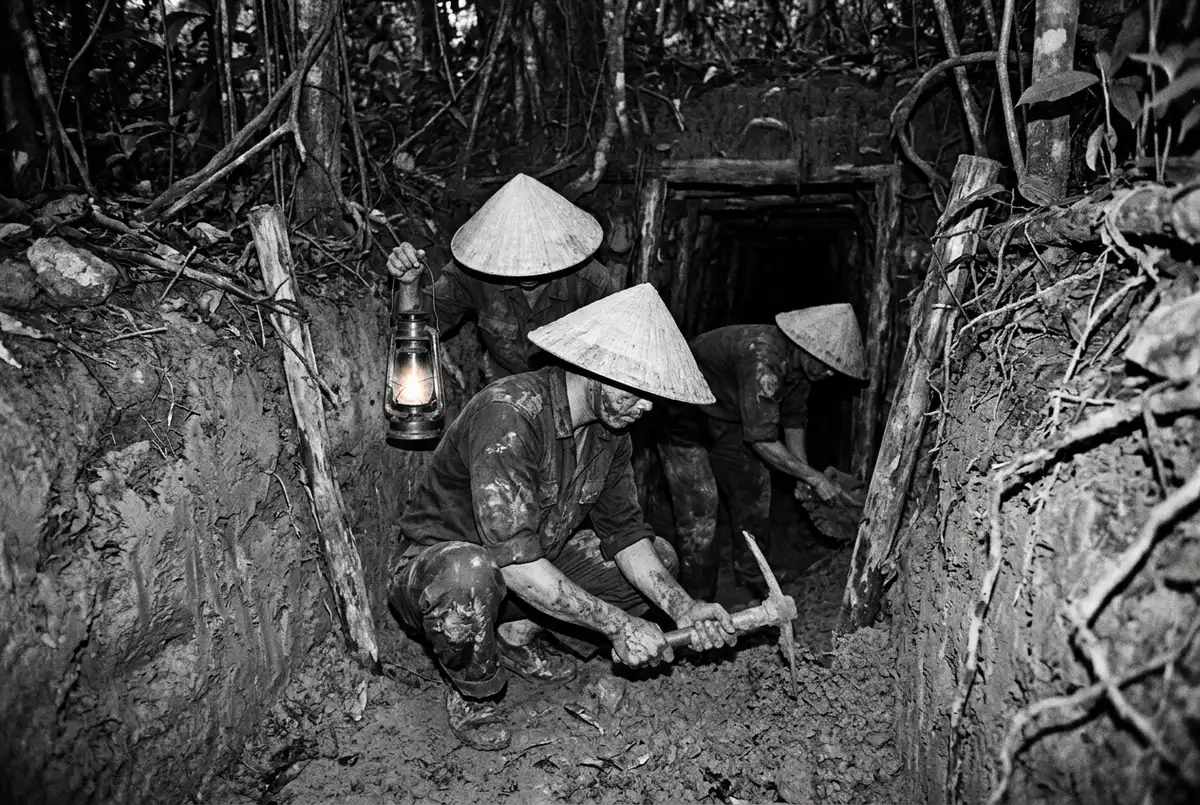 Schwarzweiss anmutende Reenactment-Szene von Guerillakämpfern, die von Hand einen schmalen Erdtunnel unter dichtem Dschungeldach graben, cu chi tunnel geschichte Motiv, gedämpftes Laternenlicht