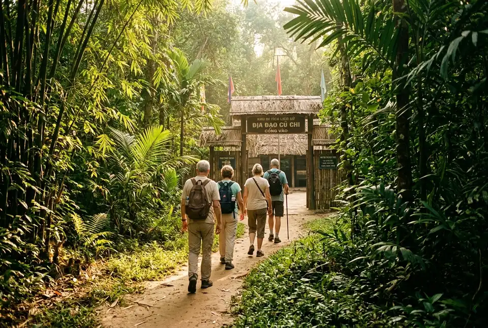 Kleine groep reizigers loopt over een zonovergoten junglepad naar de ingang van de Cu Chi Tunnels vroeg in de ochtend, zacht gouden licht, rustig leeg pad