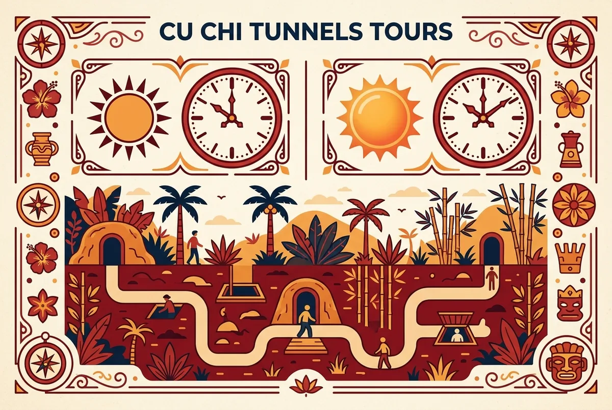 Eenvoudige infografiek met een zon en klok icoon voor een ochtendvertrek naar de Cu Chi Tunnels naast een warmere zon en klok icoon voor een middagvertrek, vlakke iconenstijl, alleen generieke labels, geen cijfers of statistieken