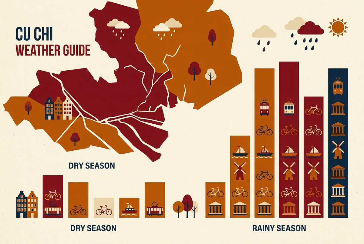 Einfache Balkendiagramm-Infografik mit beschrifteten Monatsnamen und der jeweiligen Anzahl Regentage für den Cu Chi Tunnel Wetter Jahresverlauf, flaches Infografik-Design, deutlich weniger Balken in den Wintermonaten, keine genauen Zahlenwerte im Bild