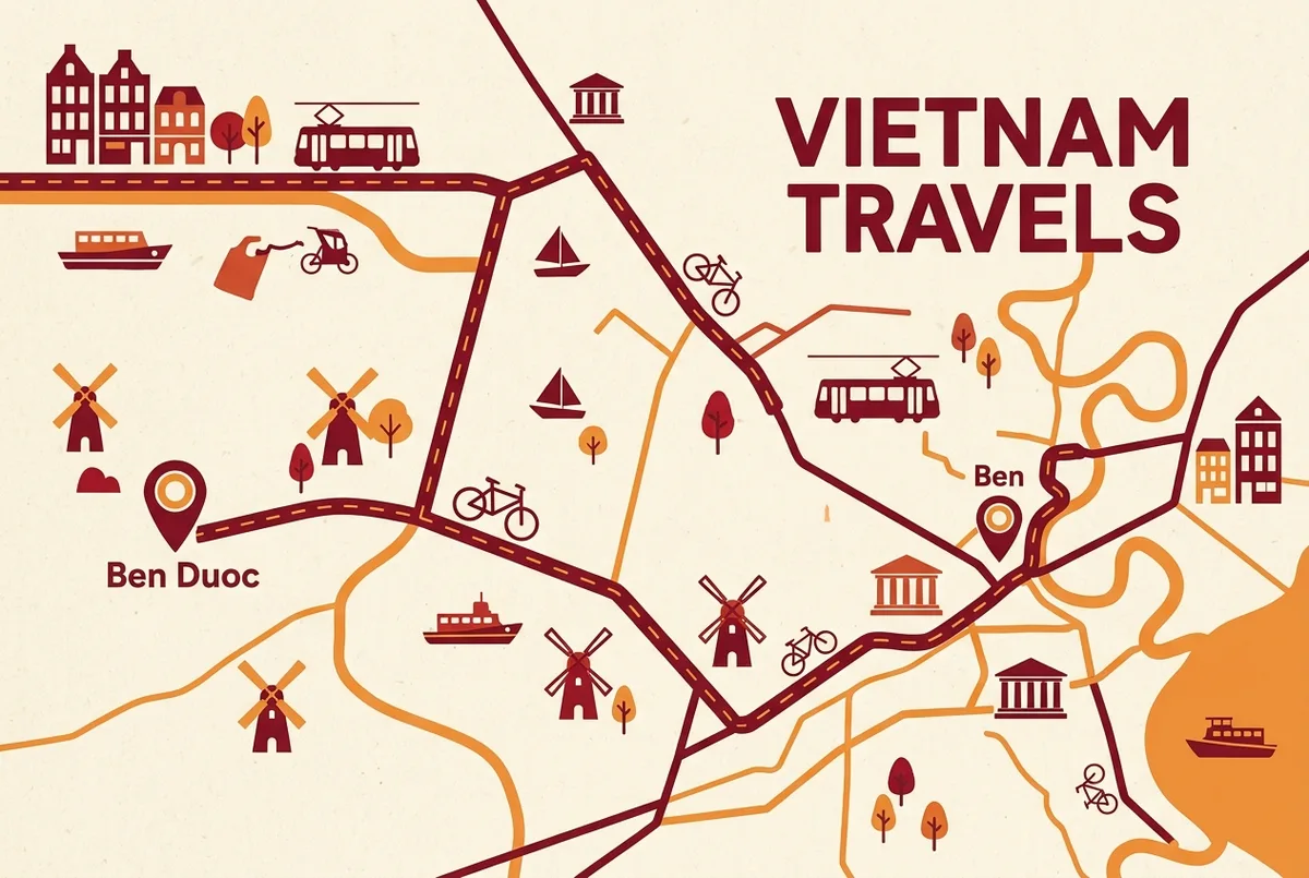 Eenvoudige kaartweergave van de route van Ho Chi Minh Stad naar de Cu Chi Tunnels met de ingangen van Ben Dinh en Ben Duoc gemarkeerd