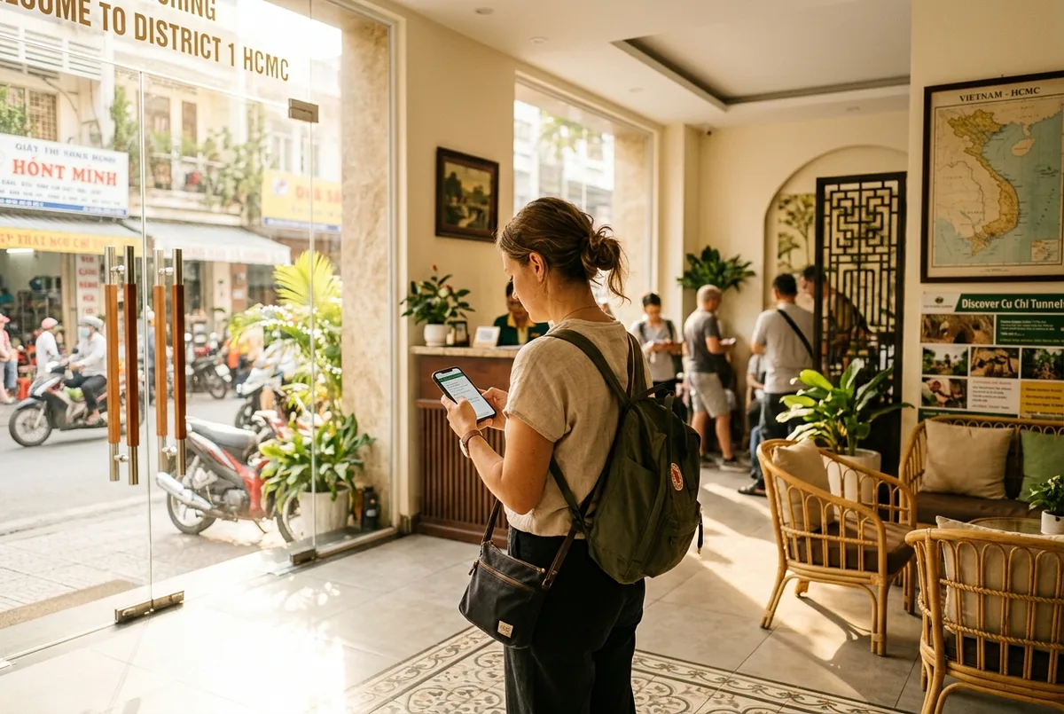 Voyageur qui verifie une confirmation de prise en charge d'excursion sur son telephone dans le hall d'un hotel du District 1 a Ho Chi Minh Ville, theme hotels pres tunnels cu chi, lumiere matinale claire a travers une porte vitree