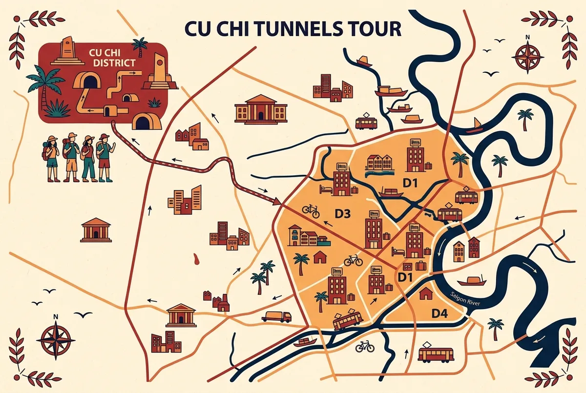 Infographie simple style carte montrant les quartiers du centre de Ho Chi Minh Ville etiquetes District 1, 3 et 4 avec une ligne de trajet vers le district de Cu Chi, theme hotels pres tunnels cu chi, style icone plat, aucun chiffre ni statistique