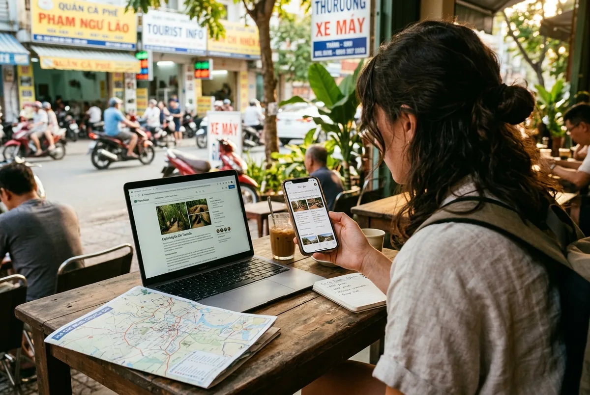 Voyageur comparant des annonces d'excursion tunnels cu chi cote a cote sur un telephone a la table d'un cafe de Ho Chi Minh-Ville, ordinateur portable ouvert a cote d'une carte, lumiere chaude d'apres-midi