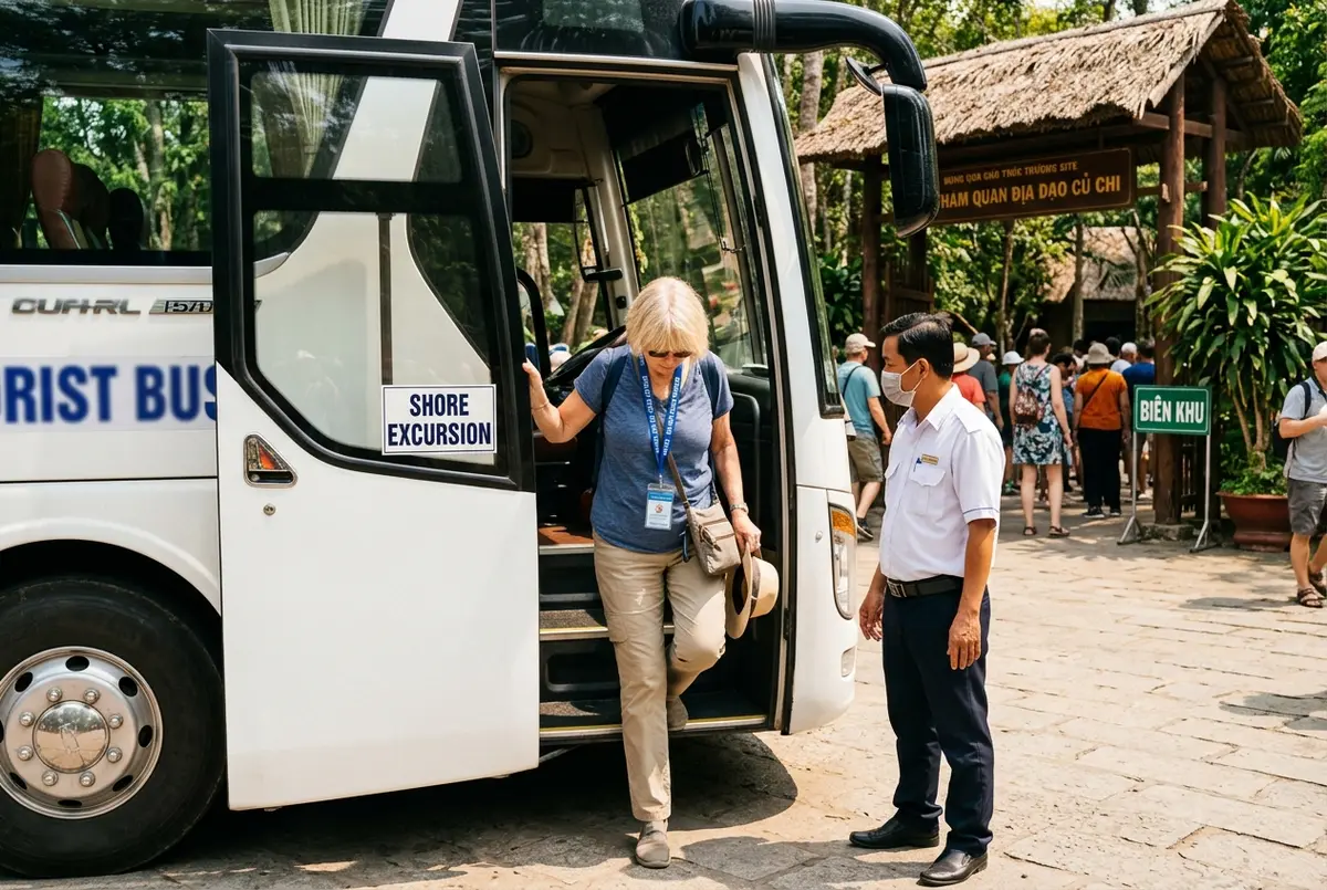 Cruisepassagier stapt uit een touringcar bij de ingang van de Cu Chi Tunnels met een Phu My haven excursielabel om de nek, chauffeur wacht op de achtergrond, felle middagzon