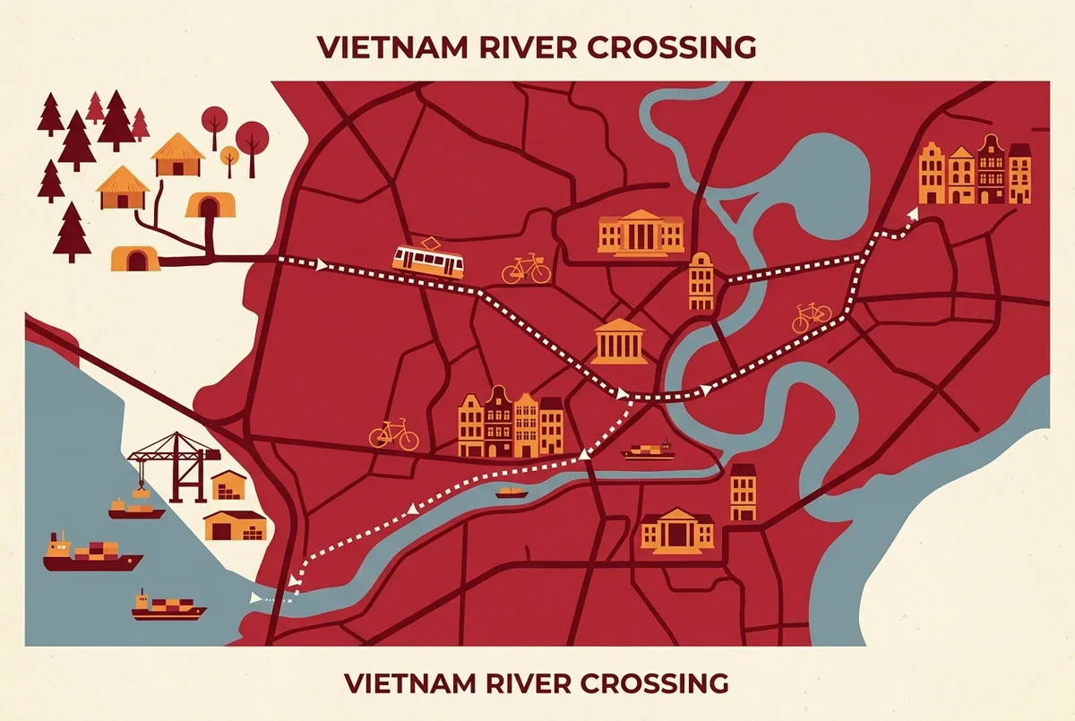 Eenvoudige kaartinfografiek met Phu My haven aan de ene kant van Ho Chi Minh Stad en de Cu Chi Tunnels aan de tegenovergestelde kant, met een gestippelde routelijn die de stad tussen beide doorkruist, vlakke iconenstijl, geen cijfers of statistieken