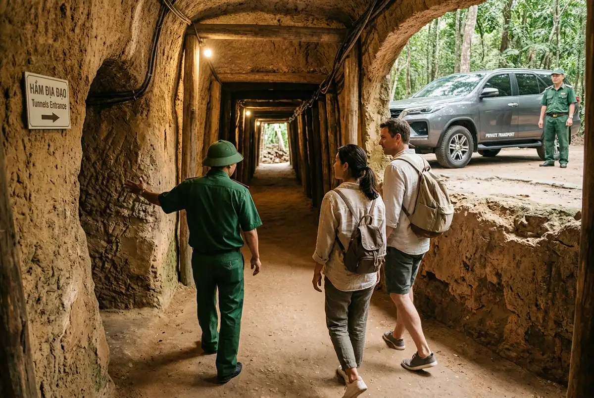 Kleine Reisegruppe von drei Personen steigt aus einem privaten klimatisierten SUV am Eingang des Cu Chi Tunnel Geländes, persönlicher Guide begrüsst die Gruppe, warmes Vormittagslicht