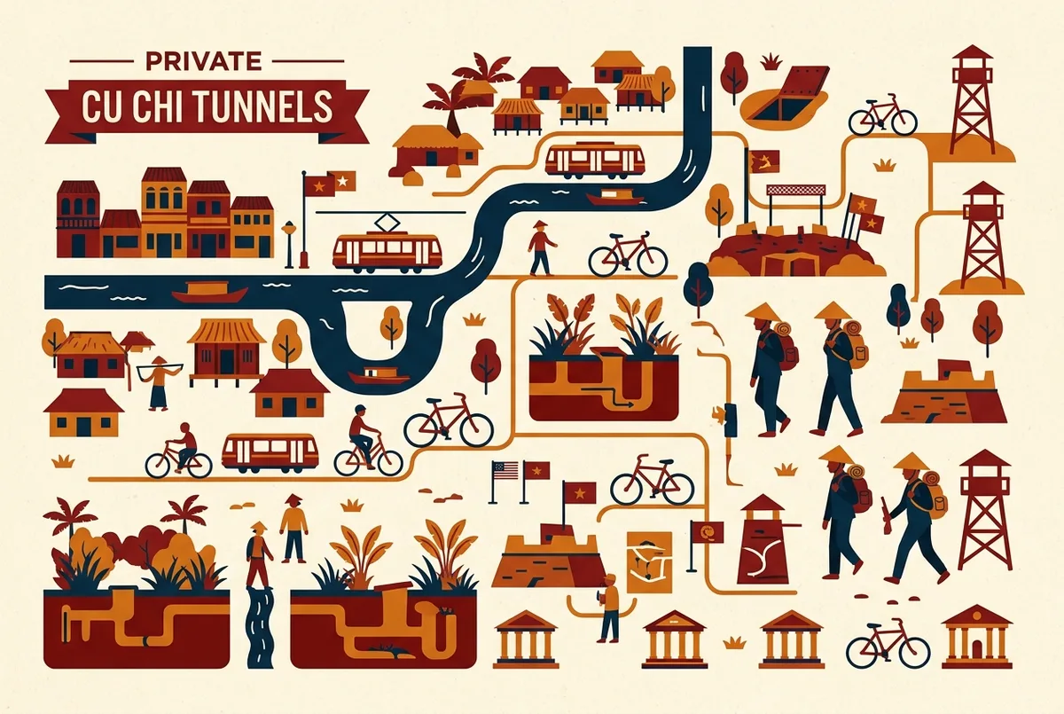 Nahaufnahme einer Hand, die auf einer Karte des Cu Chi Tunnelnetzes die drei wählbaren Kriechstrecken in unterschiedlichen Farben markiert, flaches Infografik-Design, cu chi tunnel private tour Streckenwahl, keine Zahlen oder Preise
