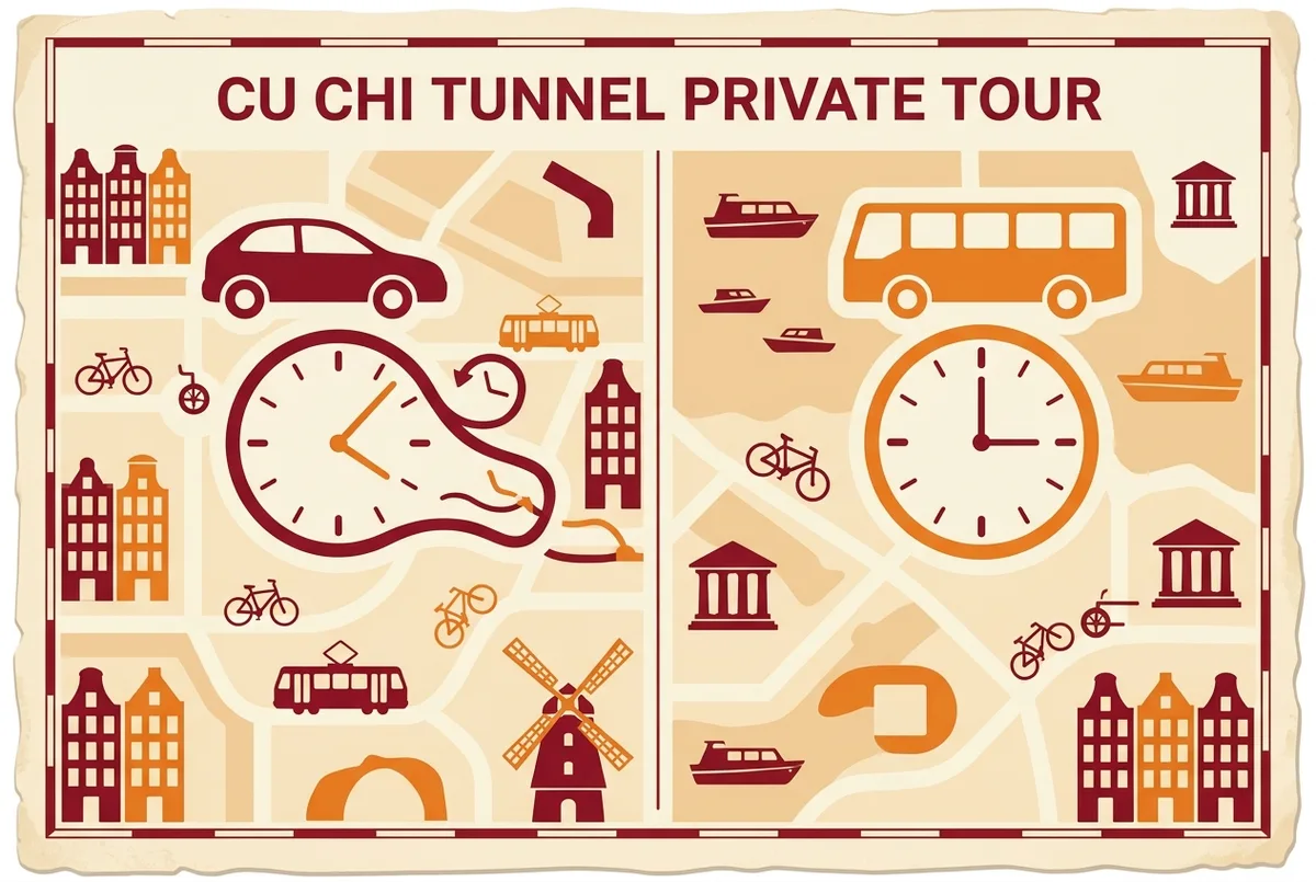 Infographie simple comparant une icone de voiture privee avec une horloge flexible face a une icone de bus partage avec une horloge fixe pour une excursion privee tunnels cu chi, style icone plat, etiquettes generiques uniquement, aucun chiffre ni statistique