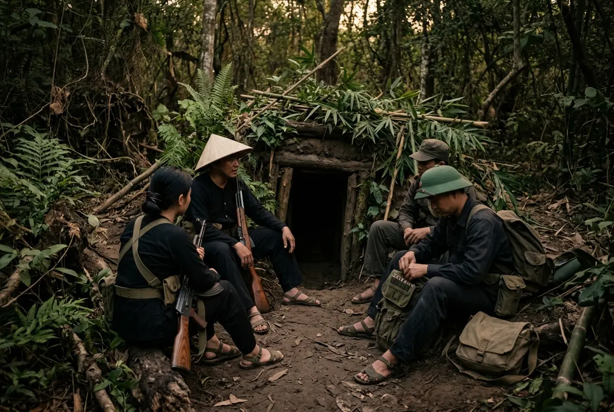 Reenactment-Gruppenporträt von Guerillakämpfern, die bei Dämmerung an einem versteckten Dschungeltunneleingang ausruhen, vietcong cu chi tunnel Motiv, gedämpfte erdige Farbtöne